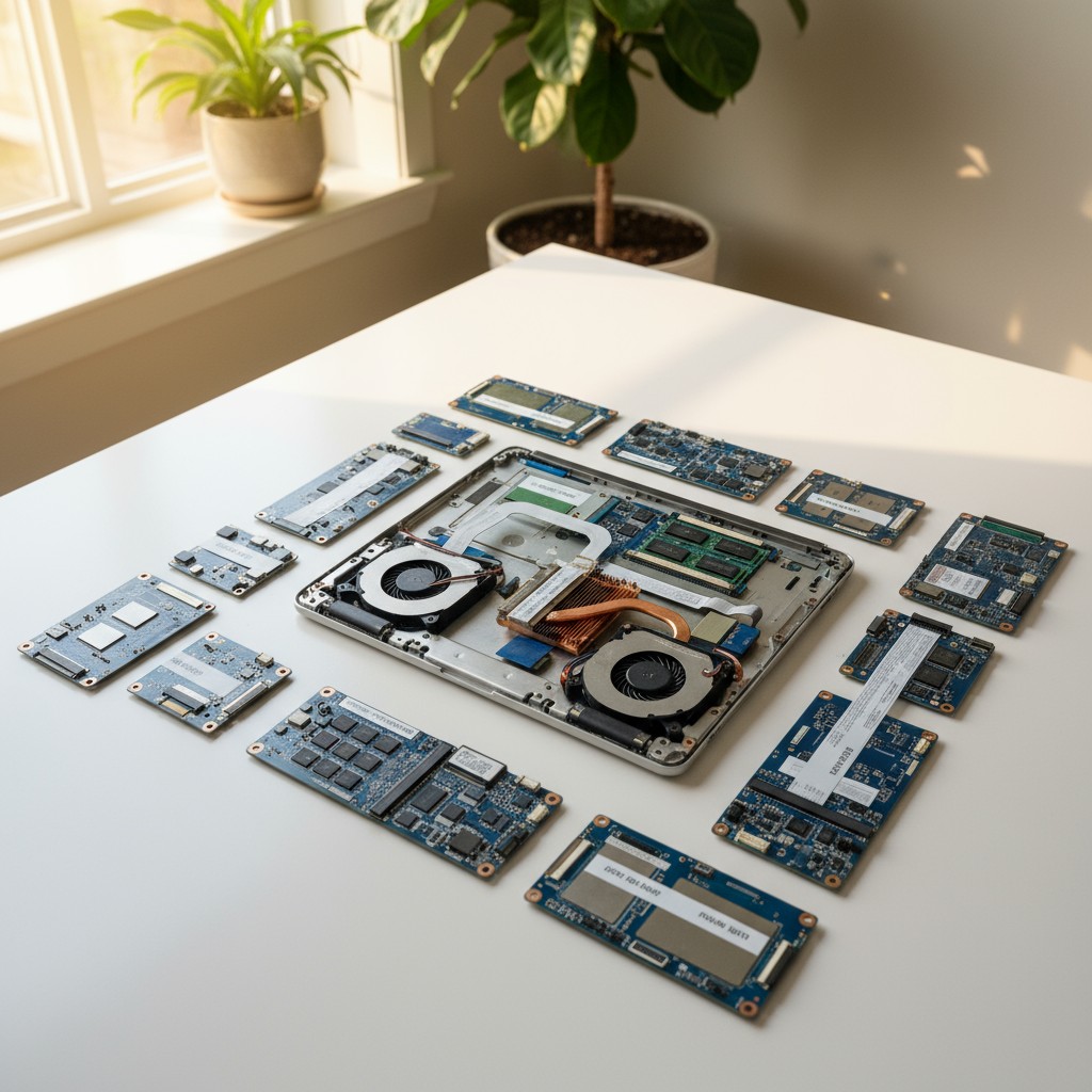 A disassembled laptop open on a white table surrounded by individual motherboard components, including CPU, GPUs, and ram....