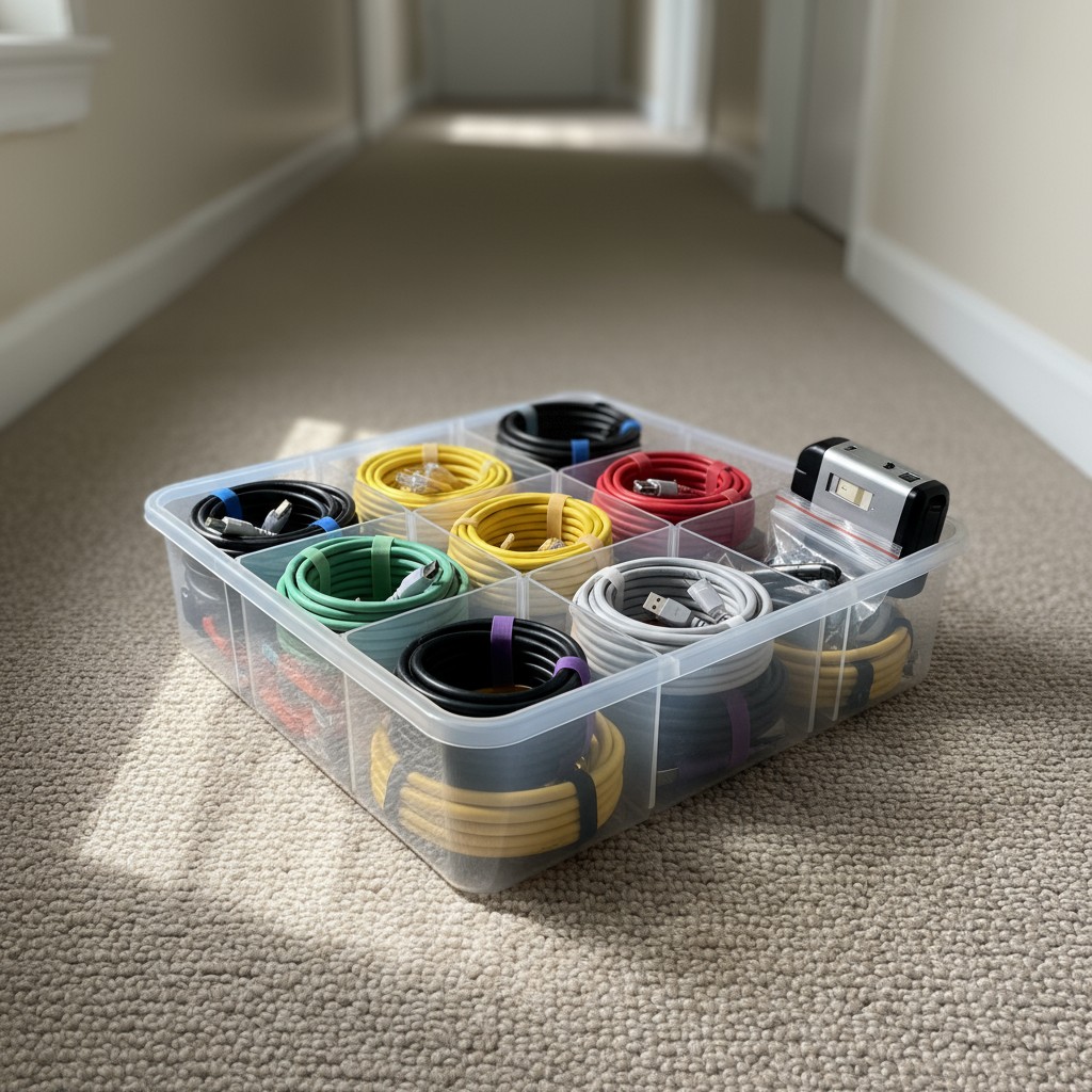 cable and a device in a container placed on a cream-colored carpet in an empty hallway.