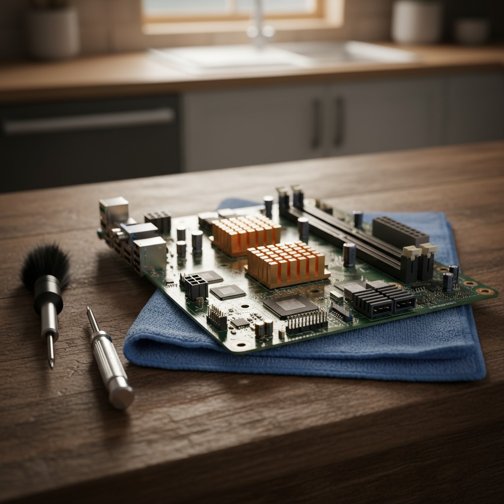 Photo of a motherboard and tools on a table, the motherboard is worn at its processing island, suggesting wear from heavy-...